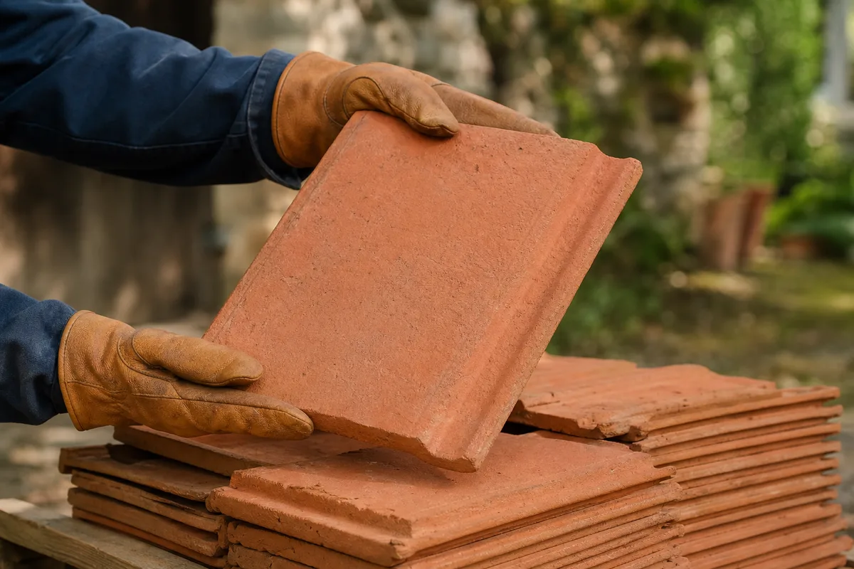 Mains gantées tenant une tuile en terre cuite au-dessus d une pile de tuiles posées au sol