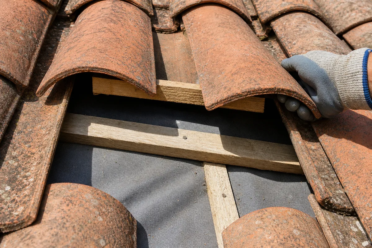 Tuiles soulevées et maintenues par une cale en bois laissant voir le liteau et la membrane de sous-toiture