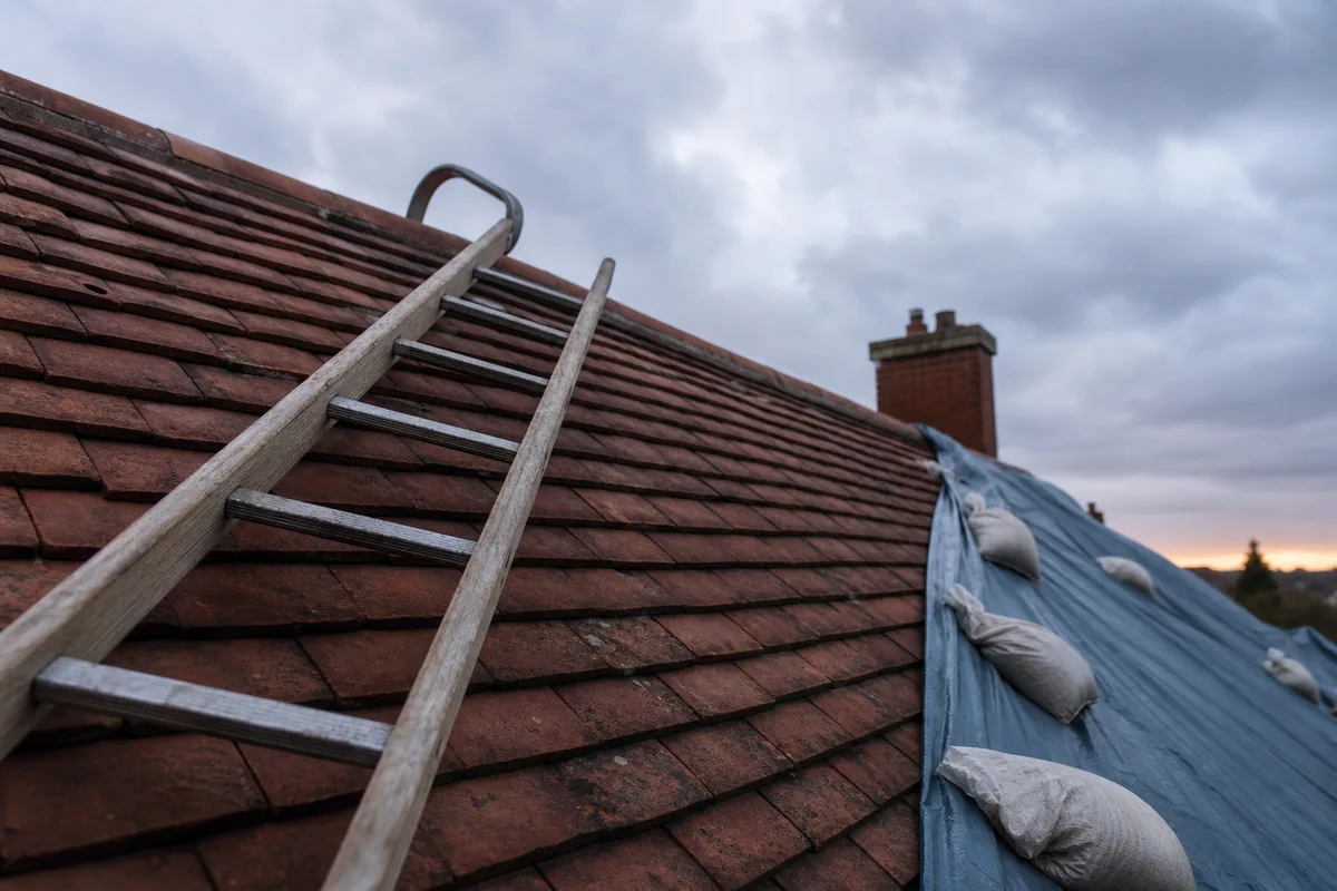 Bâche de protection lestée déployée sur une partie de versant en tuiles sous un ciel gris