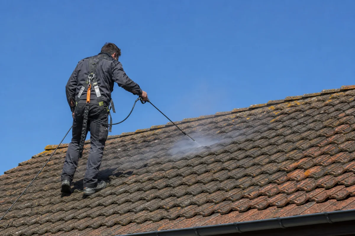 Couvreur sur une toiture en pente appliquant un traitement anti-mousse au pulvérisateur basse pression
