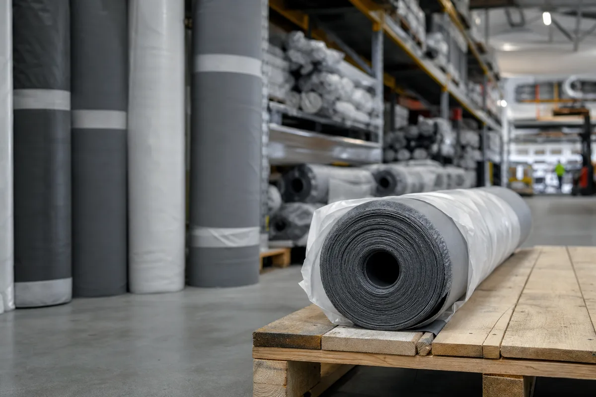 Rouleaux d&rsquo;écran de sous-toiture empilés dans un dépôt de matériaux de couverture