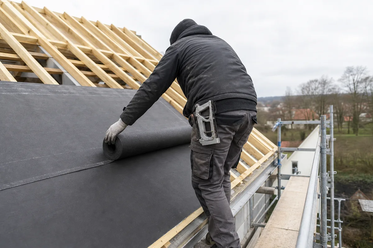 Couvreur déroulant une membrane de sous-toiture sur une charpente neuve