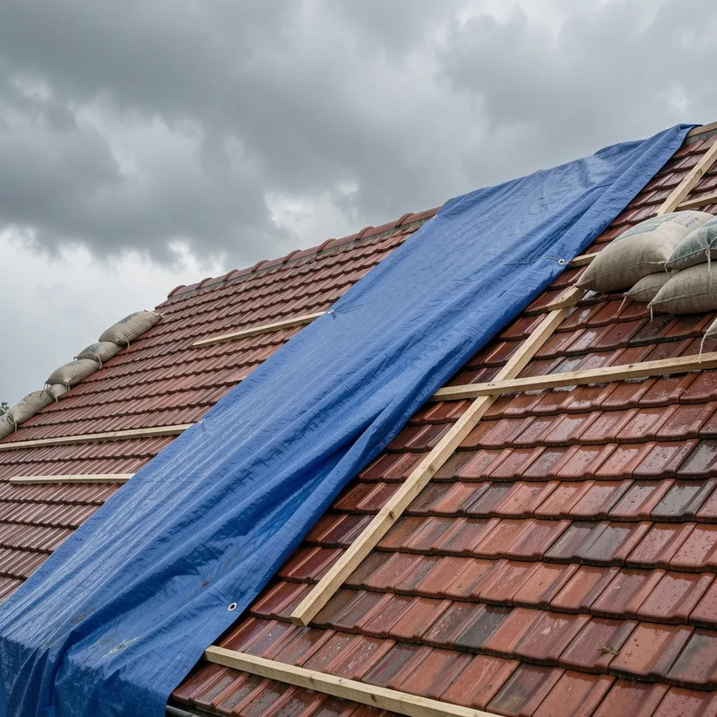 Bâche de protection lestée déployée sur un versant de toiture en tuiles sous un ciel de pluie